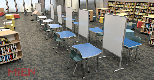 Flexible furniture to accommodate social distancing in a media center. Courtesy of Mien. 