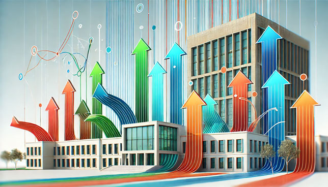 Abstract colorful arrows in front of a contemporary university building