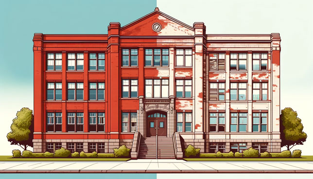 a traditional red brick school building with the right side visibly deteriorated and the left side well-maintained, surrounded by neat landscaping