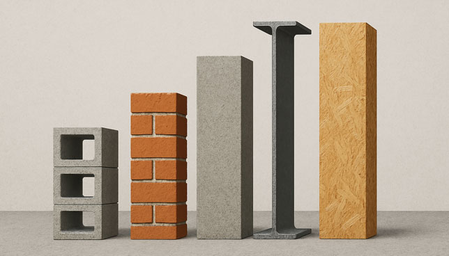 bar graph with the bars made out of abstract cinder blocks and other construction materials
