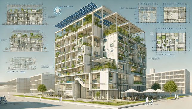 dormitory with green roofs, solar panels, balconies, and labeled architectural annotations