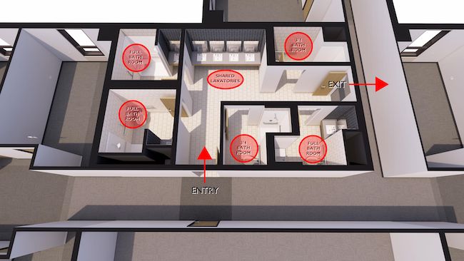 Layout of shared bathrooms by KWK Architects. 