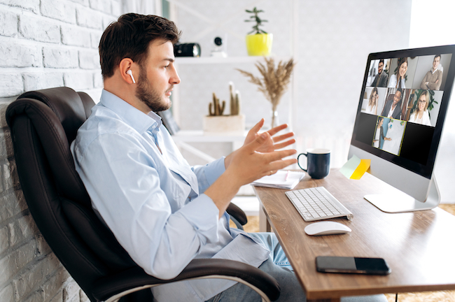 Man speaking in a video conference. 