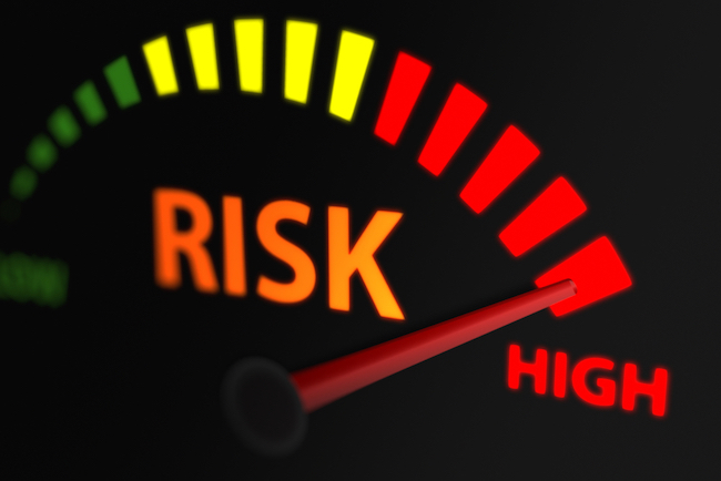 Meter ranging from green, yellow and red with the word "risk" underneath it with arrow pointing towards "high."